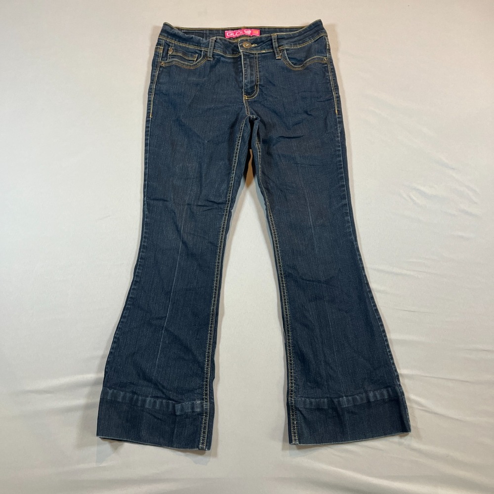Glo Flame Flare Jeans Girls 11 Blue Denim Cotton Stretch Mid Rise Dark Wash